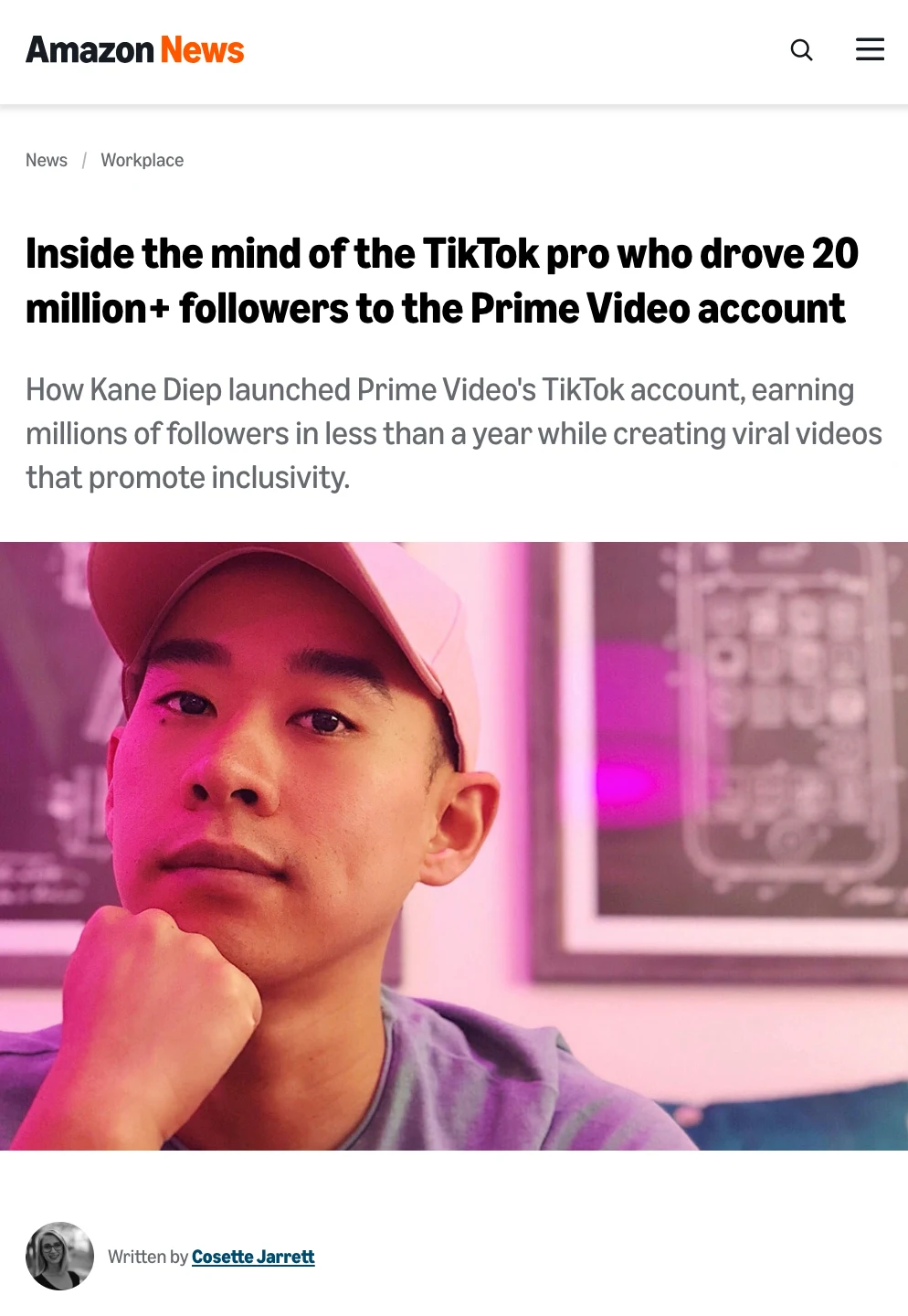 About Amazon profile of Kane Diep, with headline and portrait